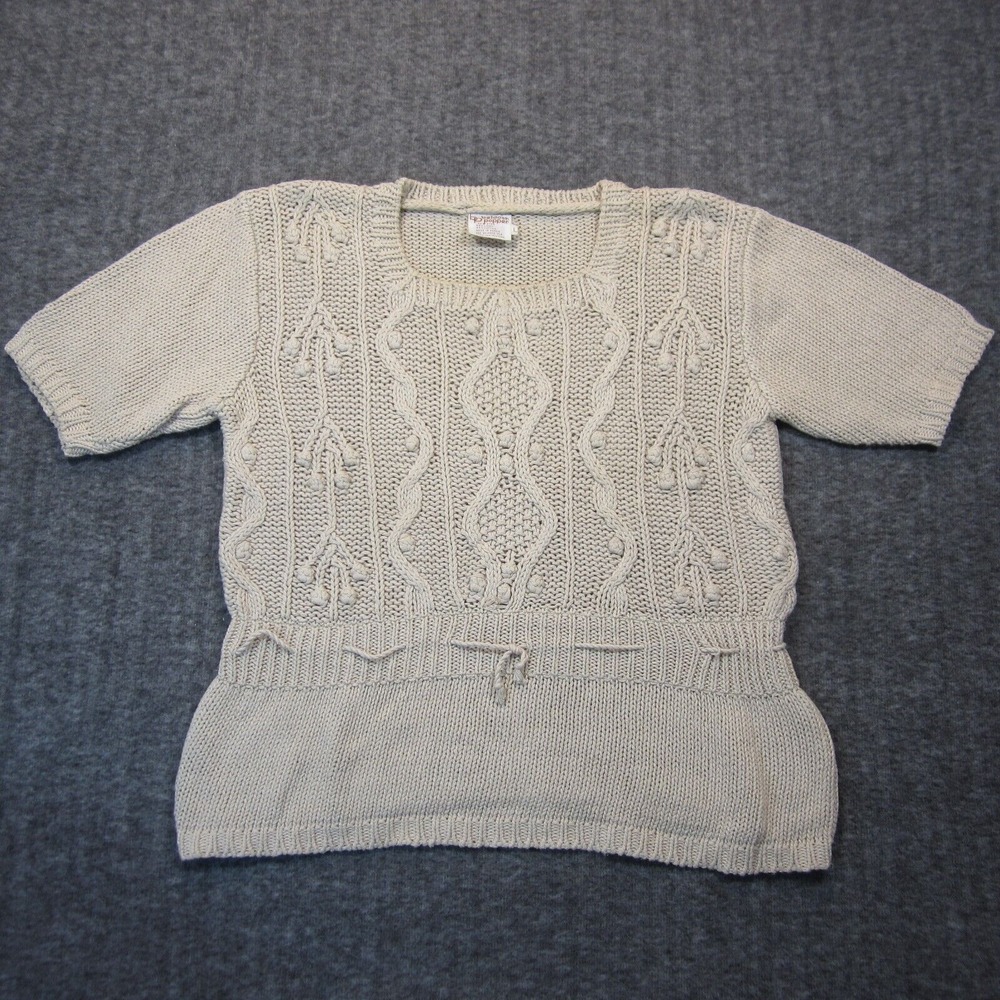 Vtg Beldoch Popper Sweater L Beige Linen‎ Blend 3D Knit Cottagecore 80s Grandma